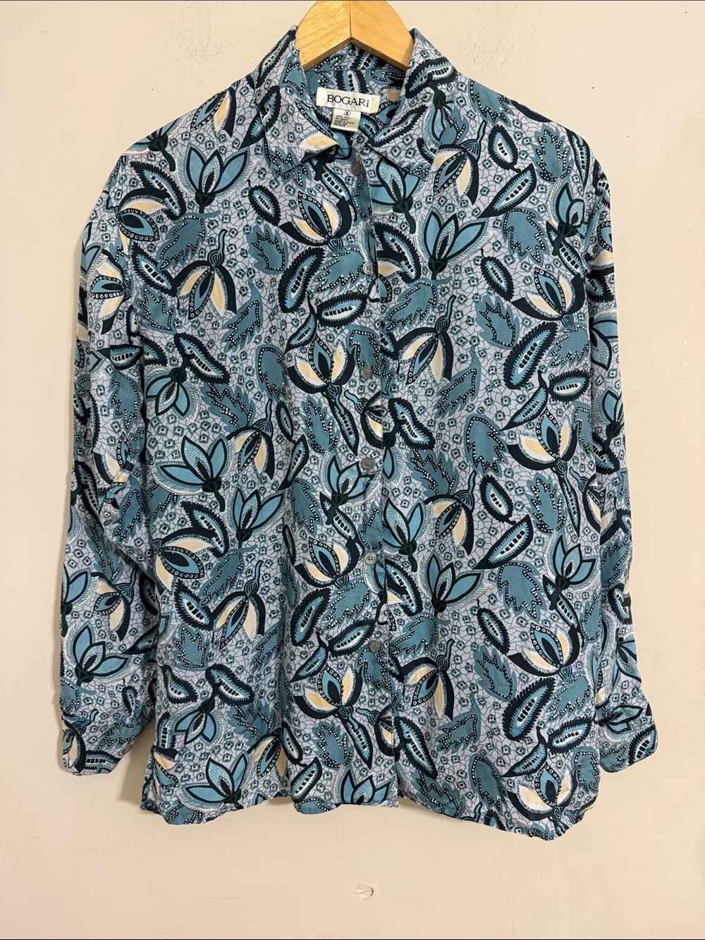 VTG Bogari Blue Silk Paisley Floral Button-Up Shirt size S Cottagecore Boho Chic